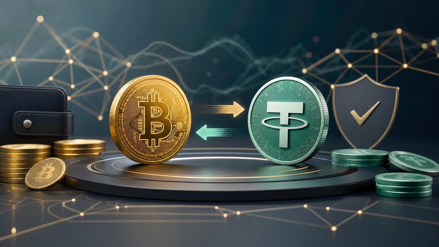 A Bitcoin-to-USDT exchange map showing the quote, wallet address, network transfer, confirmation, transaction ID, and final amount