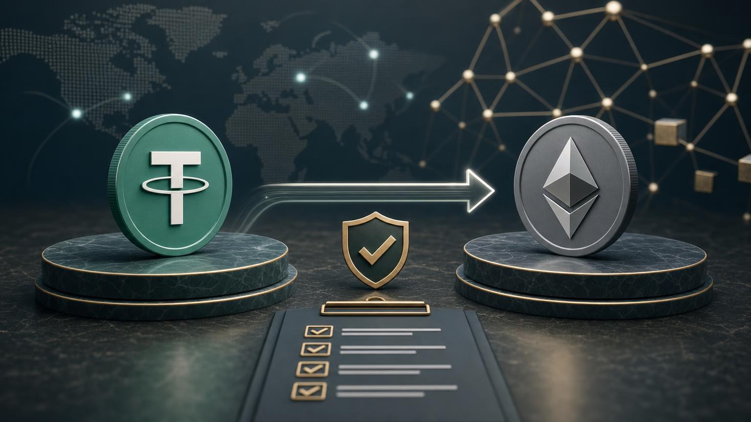 مستخدم يراجع شبكة USDT وعنوان الإيداع وبيانات استلام ETH قبل تأكيد عملية التبديل